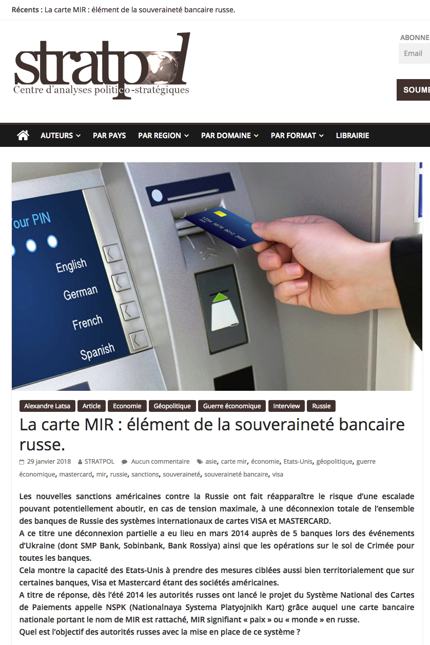 Page Internet. La carte MIR - élément de la souveraineté bancaire russe, par Alexandre Stefanesco-Latsa. 2018-01-29